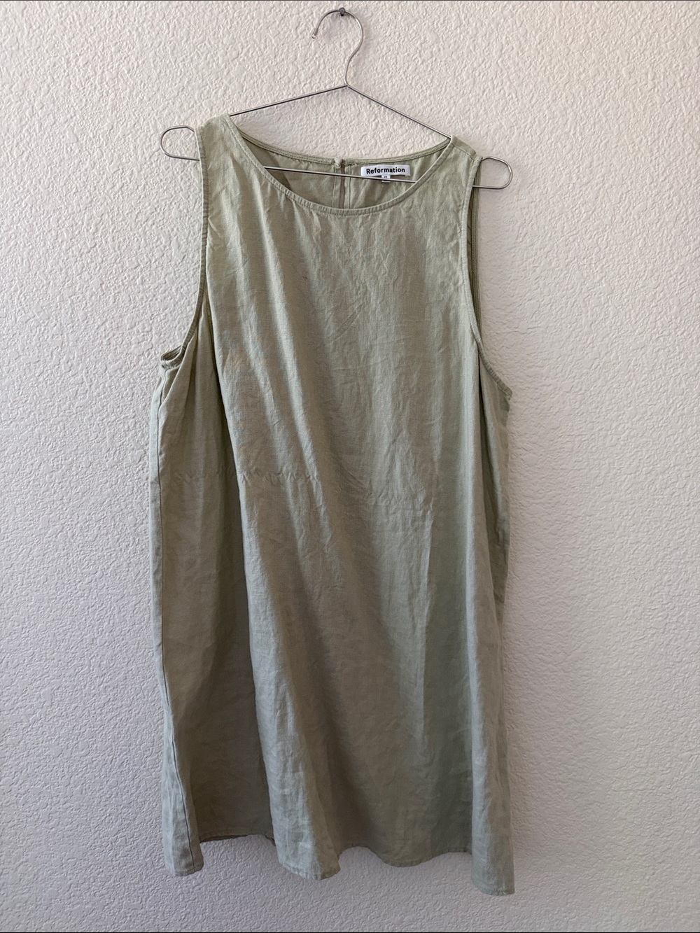 Reformation Light Olive Sleeveless Linen Shift Tunic